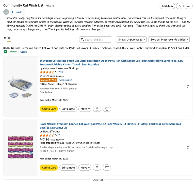 Amazon wishlist supplies donated for fundraising for a community cat and her newborn litter